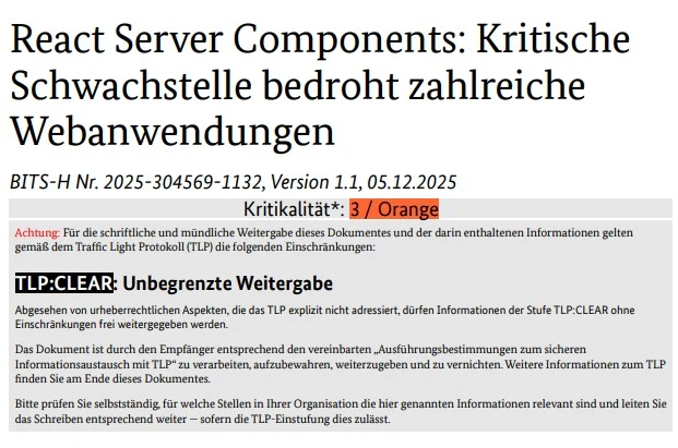 BSI bulletin showing React Server Components vulnerability classified as 3 / Orange